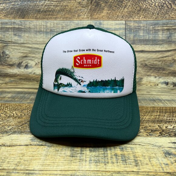 Schmidt Beer Fishing Mens Trucker Hat Green Snapback 70s Vintage Logo Ball Cap - Picture 2 of 8